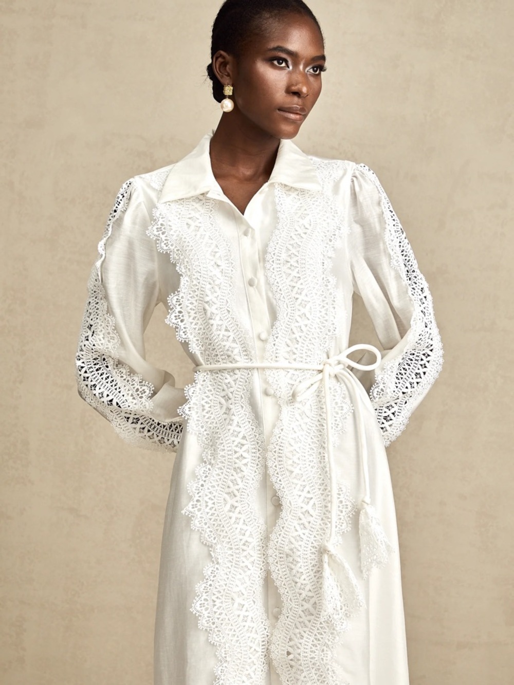 White Lace-Trim Long Button-Down Dress - Picture 4 of 10